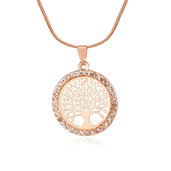 Tree Of Life 🏵 Necklace Round Hollow Rhinestone 💐 Pendant Set ⚘️Rose Gold 🌠 - Picture 2 of 4